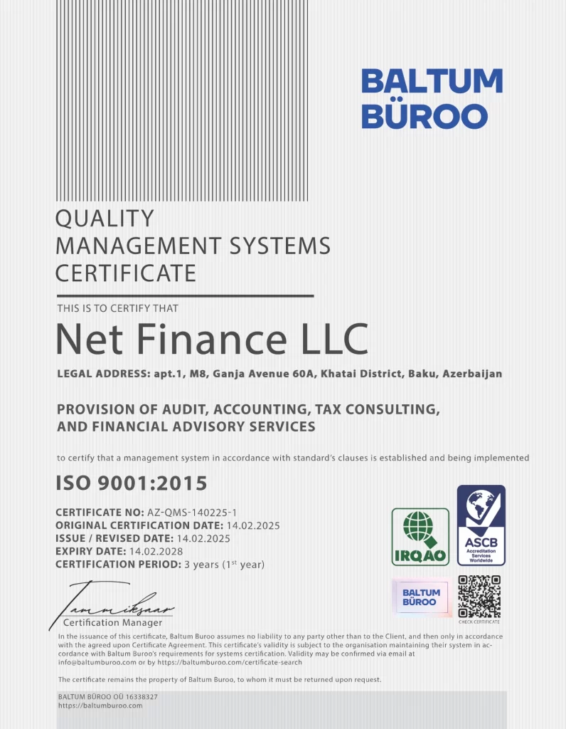 Net Finance şirkəti ISO 9001:2015 sertifikatını əldə edib